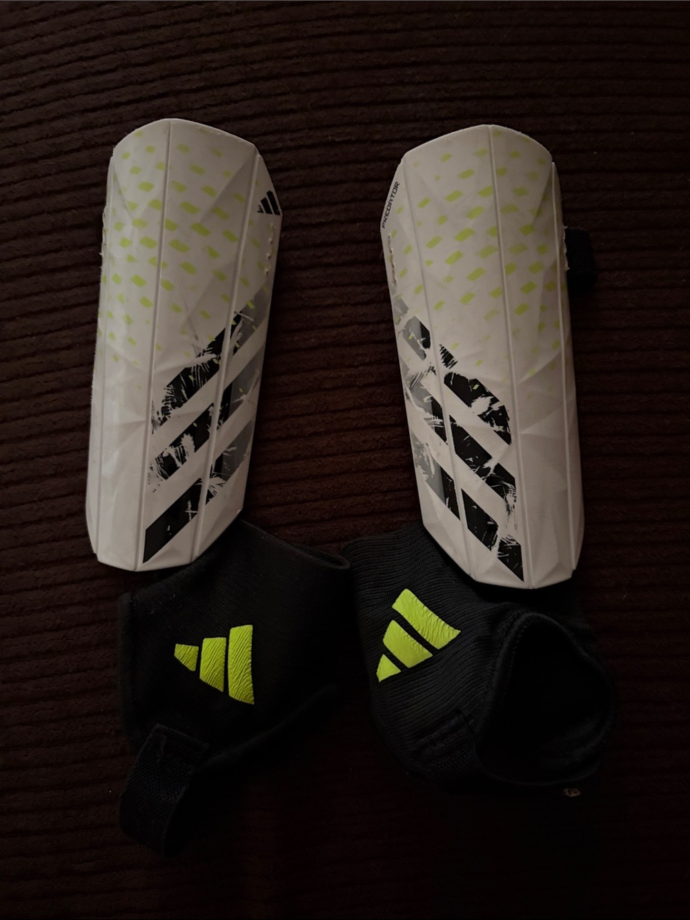 adidas White Shin Guards with Neon Yellow Accents and Black Sleeves